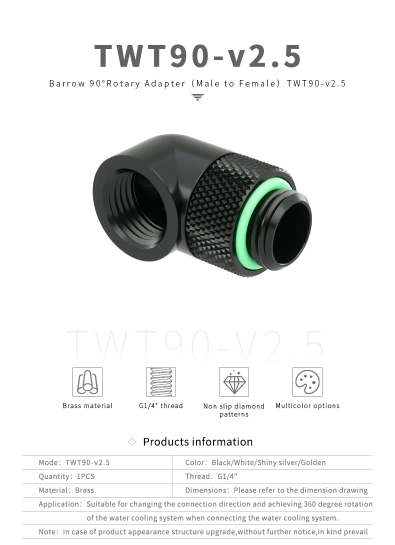 Barrow G1/4" Male to Female Extender Fitting, 90 Degree Rotary, Black, 4-pack - Image 2
